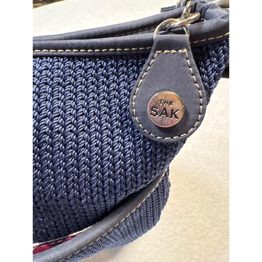 The Sak Navy Blue Crochet Shoulder Bag Zip Top Hobo Purse Harlequin Lining - Picture 3 of 10